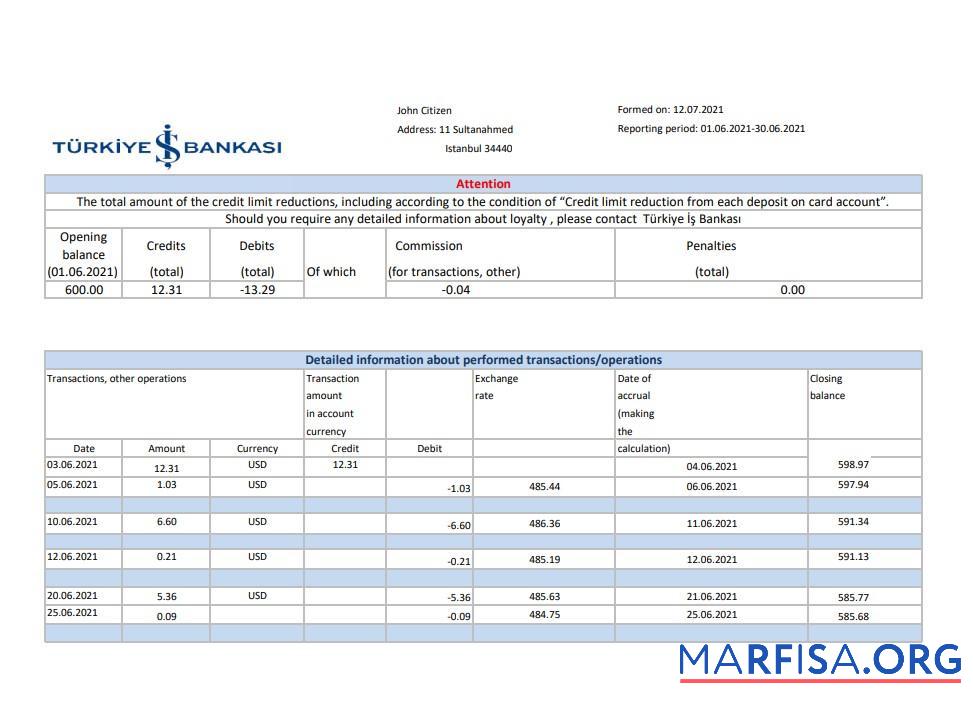 Downloadable Turkey Bankasi bank statement excel sample